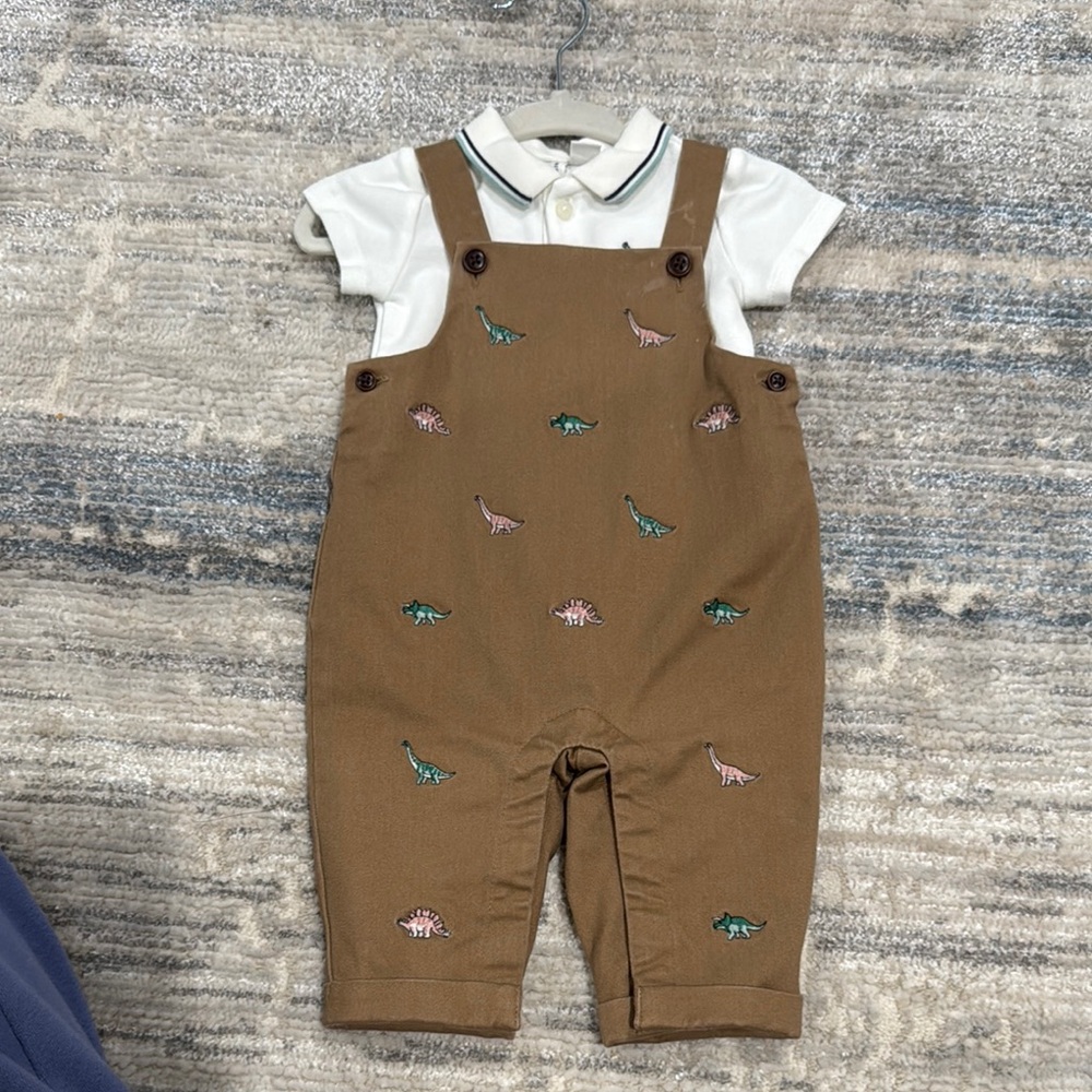 Janie and Jack Brown Overalls with Dinosaur Embroidery
